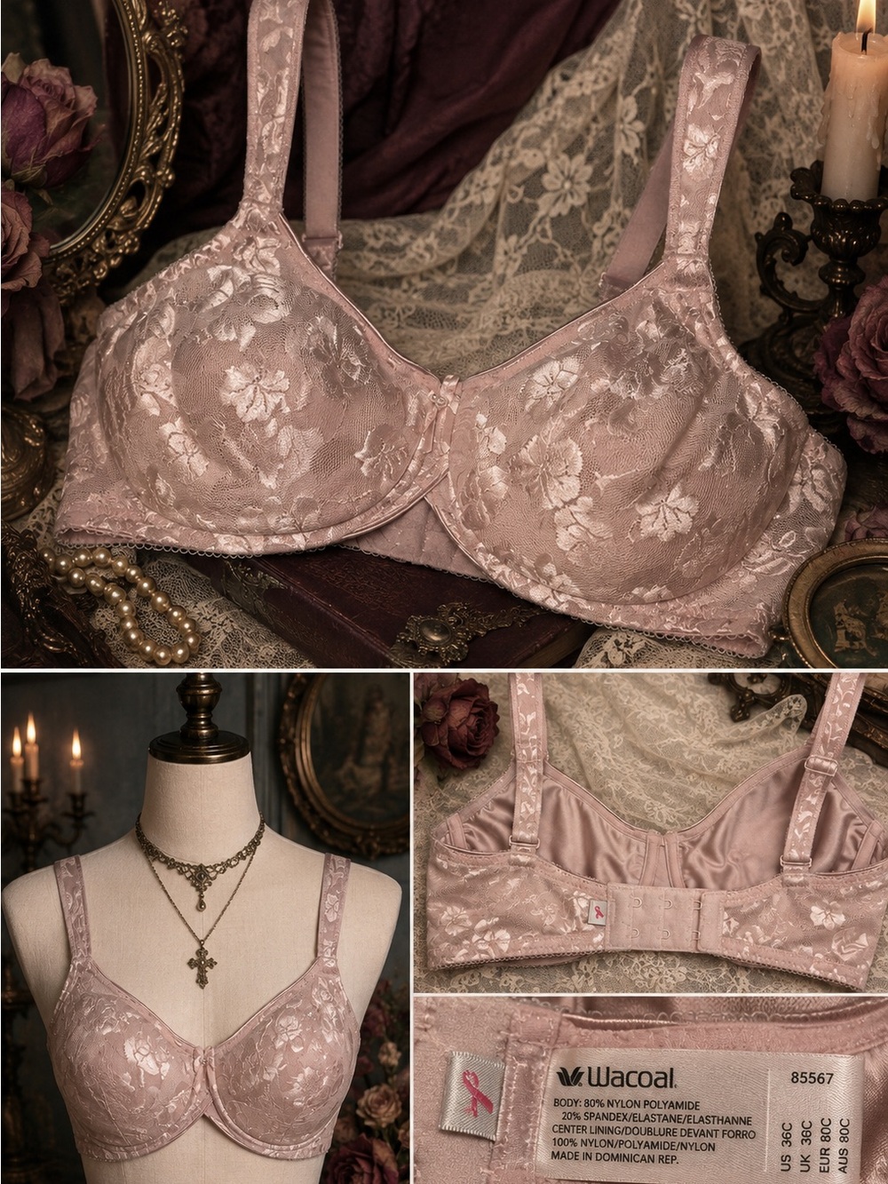 Wacoal Satin Bra 36C Floral Lace Underwire Full Coverage Rose Pink Breast Cancer
